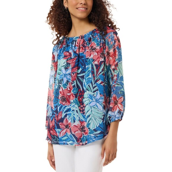 Jones New York Petite Smocked-Neck Floral-Print Top, Pacific Navy, PS - Picture 1 of 3